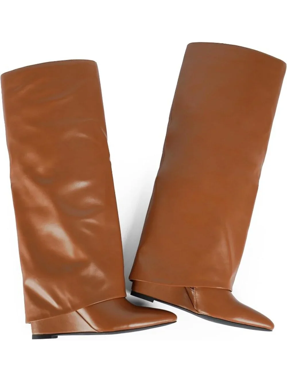 Women's Brown Pu Wedge Heel Pointed Toe Faux Leather Over The Knee Boots